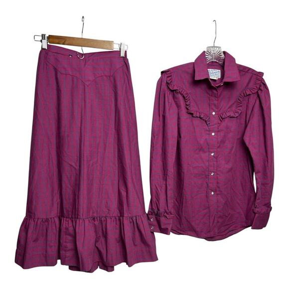 Vintage Rockmount Ranch Wear Shirt Skirt Set Purple Plaid TRU-WEST Custom Fitted - Picture 1 of 12